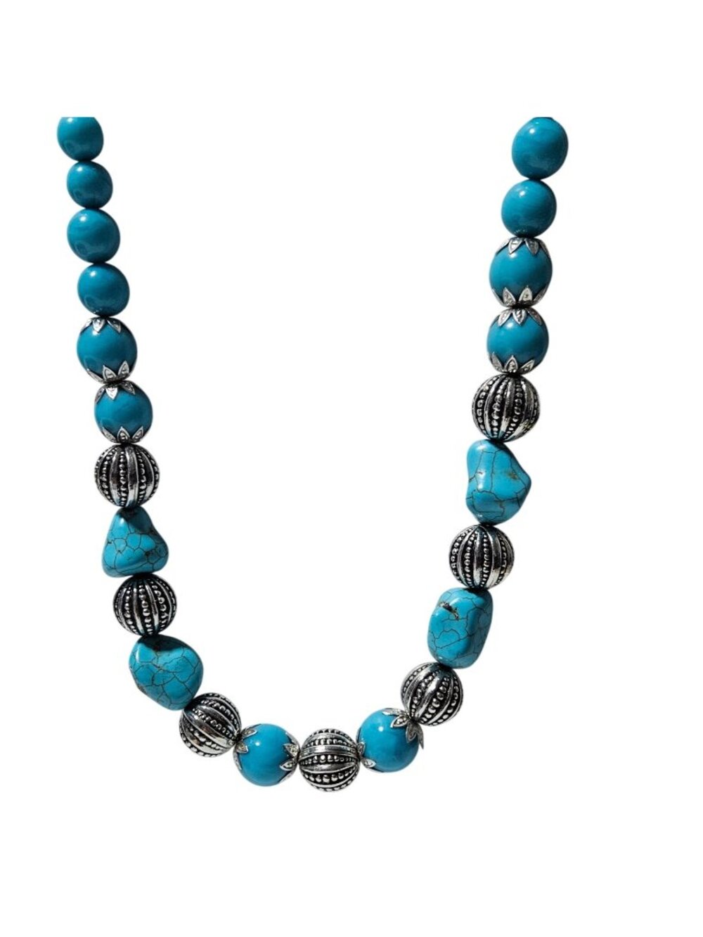 Vintage Southwest Chunky Necklace Turquoise Silver Beads Retro Fashion Jewelry